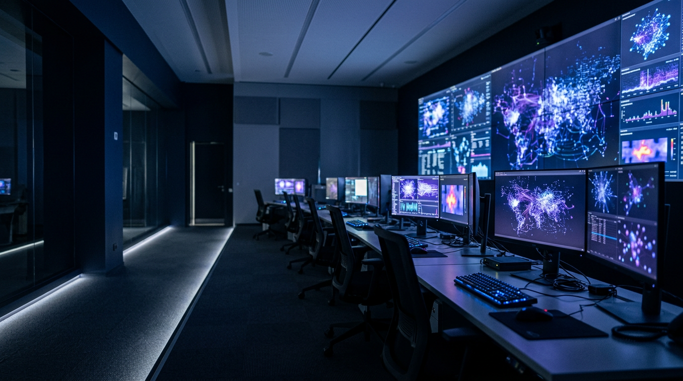 Sala de control moderna con monitores y visualización de red, representando ciberseguridad